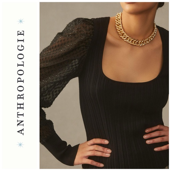 Anthropologie Puff-Sleeve Shimmer Sweater Black Large Petite LP - Picture 1 of 10